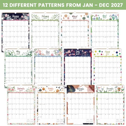 2027 Calendar - 2027 Wall Calendar, 12 Monthly Wall Calendar 2027 from January 2027 - December 2027, 12" x 17", Twin-Wire Binding + Hanging Hook + Ruled Blocks + Thick Paper with Julian Dates - Floral