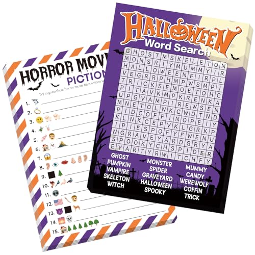 COCHIE 30 Players Halloween Party Games for Adults Family Office Large Groups, Horror Movie Name Pictionary Game, Riddle Game, Word Search Games with Answer Key (Halloween Purple) - style: Halloween Purple