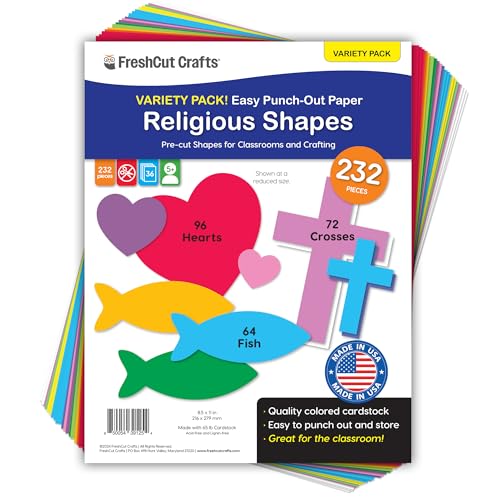 232 Pieces Religious Cross, Heart, & Fish Punch Out Paper Cutouts in Assorted Bright Colors, 2-Sided US Made Card Stock for Bible Crafts, Sunday School, VBS, Bulletin Boards, Classroom Decor, & Poster