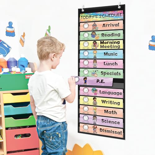 ABCxGOOD Daily Schedule Pocket Chart, Toddler Schedule Chart, 13+1 Pocket, with 21 Dry-Erase Reusable Cards Classroom Must Haves Pocket Chart - color: Black