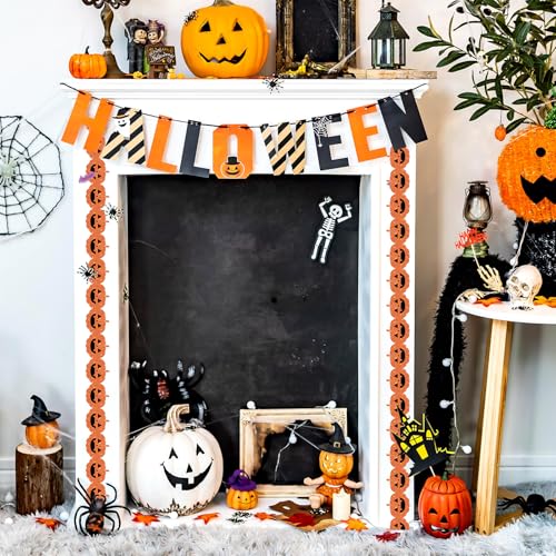 Whaline 65.6Ft Halloween Bulletin Board Border Glitter Orange Pumpkin Die Cut Trim Border Roll for Spooky Chalkboard Wall Decor - style: Halloween Pumpkin