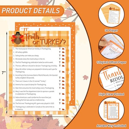 COCHIE 30 Players Thanksgiving Games for Family Party Adults Office Large Groups, Truth or Turkey Games, Autumn Riddles Game, Fall Classroom Activities with Answer Key (Thanksgiving C) - style: Thanksgiving C