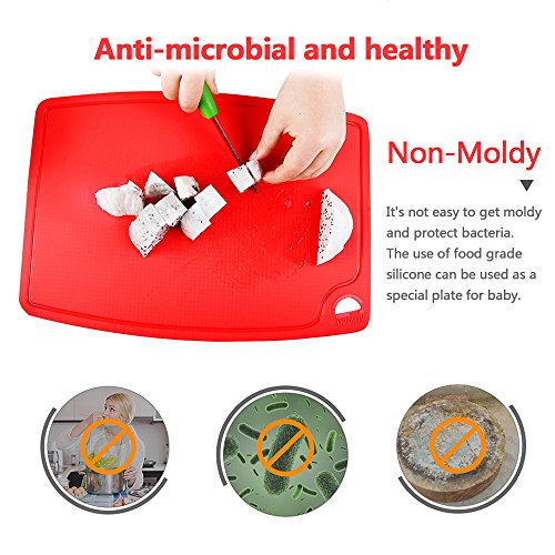 Liflicon Thick Silicone Cutting Board 12.6'' x 9.1'' Juice Grooves Easy Grip Handle Dishwasher Safe-Red - color: Red, size: 12.6"L x 9.1"W