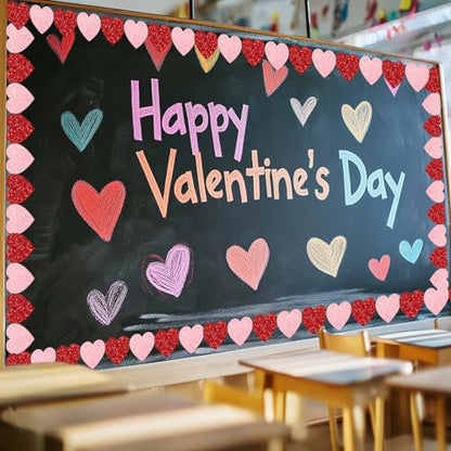 Whaline 65.6ft Heart Bulletin Board Border Glitter Pink Red Heart Shaped Die-Cut Border Trim for Valentine's Day Anniversary Chalkboard Decoration - style: Red Pink Heart