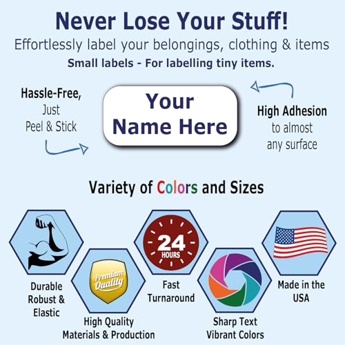120 Small Personalized Waterproof Name Labels. Press and Stick Multi use Custom Mini Name Labels. Customized 2 Lines of Text and Color. Tiny Name Stickers with Permanent Self Adhesive. - color: 120 Small Labels - White Background