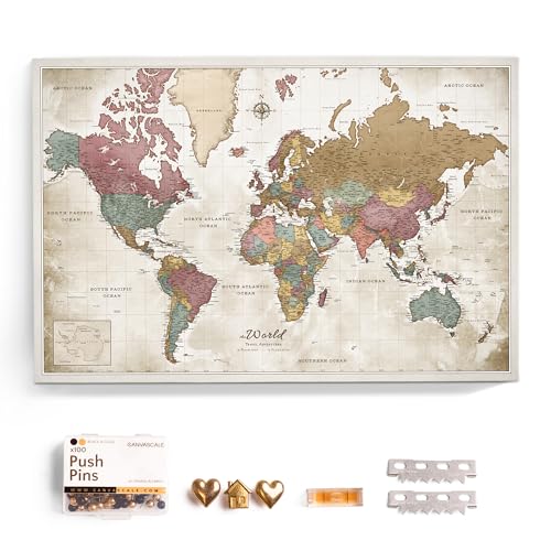 Canvas World Map with Cork Pin Board - English Lettering - Decorative Wall Decoration for All Rooms - Canvas Pictures with World Map Motif (70x50 cm, Pattern 20) - color: Design 20, size: 28" x 20"