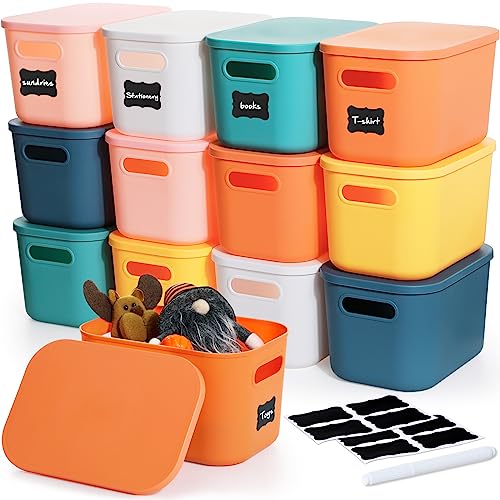Thyle 24 Pack Classic Colorful Plastic Storage Bins with Lids 7 Quart Toy Storage Box Stackable Nestable Organizer Boxes with Handle and Labels for Classroom Shelf Bedroom Desktop Toys School Supplies - color: Multicolored