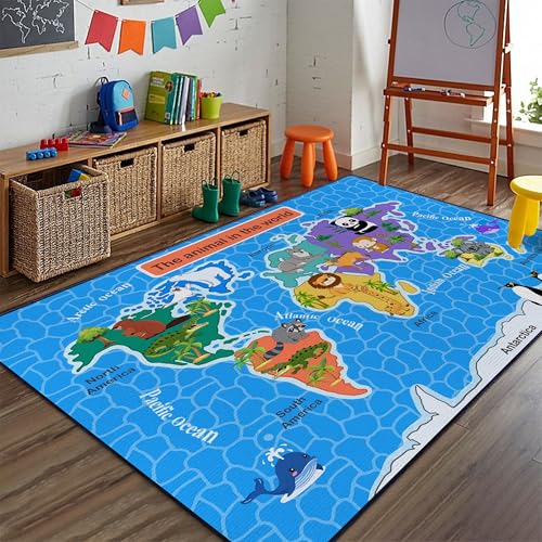 Large World Map Hop Count Floor Carpet Play Rug for Kids Room, The Animal in The World Kids Educational Area Rug, Children Learning Carpet Playroom Bedroom Boys Girls Room Decor, Blue 59"*39" - color: Etgr-06, size: 39" x 59" (100x150 CM)