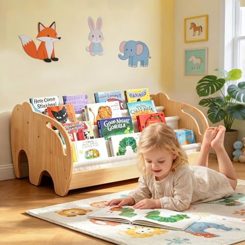 Wooden Book Shelf for Kids Rooms, 4-Tier Decorative Kids Bookshelf, Portable Front-Facing Book Display Organizer, Montessori Toddler Bookcase for Baby's Bedroom, Playroom, Nursery Room or Classroom