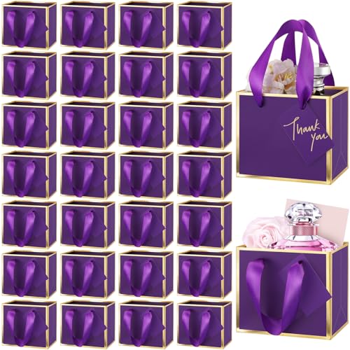 Yeaqee 50 Pcs Mini Metallic Paper Gift Bags with Handle 4.75x2.25x4'' Small Gift Bag DIY Tag Thank You Party Favor for Summer Wedding Baby Shower Birthday Back to School Jewelry (Purple,Gold) - color: Purple, Gold