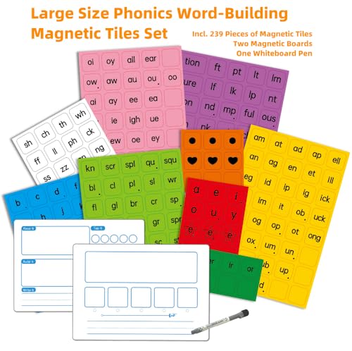 Large Phonics Word Building Magnetic Letters Digraphs Tiles Set | Enlarged 239 Pieces of Color-coded Magnet Tiles with 2 Magnetic Spelling Boards for Science of Reading Classroom Practice