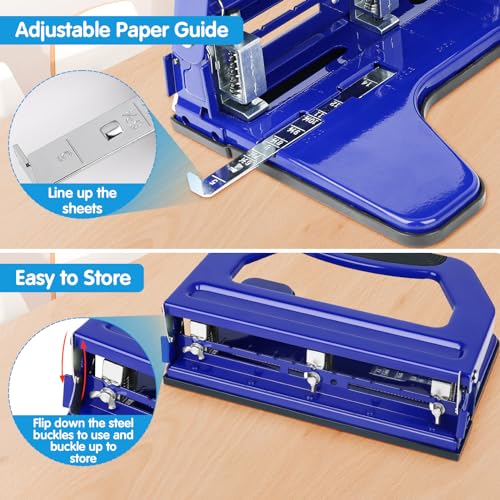 AFMAT 3 Hole Punch Heavy Duty, 9/32" Holes, 50-Sheet Hole Puncher 3 Ring, 50% Reduced Effort, Adjustable Two & Three Hole Punch, Metal Paper Puncher w/Large Chip Tray, Metal Paper Guide, Blue, HP18 - color: Blue