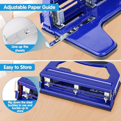 AFMAT 3 Hole Punch Heavy Duty, 9/32" Holes, 50-Sheet Hole Puncher 3 Ring, 50% Reduced Effort, Adjustable Two & Three Hole Punch, Metal Paper Puncher w/Large Chip Tray, Metal Paper Guide, Blue, HP18 - color: Blue