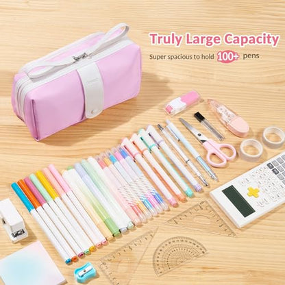 Sooez Big Capacity Pencil Case, Extra Large Pencil Pouch with Zipper Pocket, Wide Opening Pencil Bag, Portable Stationery Organizer, Cute Aesthetic School Office Supplies for Teens Girls, Purple - color: Purple