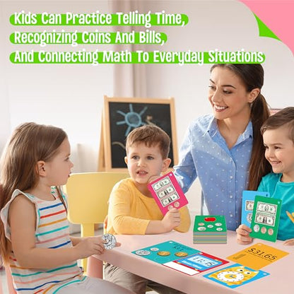 52 PCS Time & Money Flashcards, Double Sided Cognition Cards-Coin Value, Coin Combinations, Counting Coins, Telling Time, Reading Clocks, Learning Tool for Kids Ages 6+ Kindergarten Toddlers - style: Time & Money