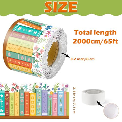 BeYumi Wildflower Bookshelf Border Trim - 65ft Back to School Floral Books Rolled Border Trim Bookshelf Bulletin Board Set Library Classroom Office Chalkboard Kindergarten Home Wall Party Decoration - style: Wildflower Bookshelf