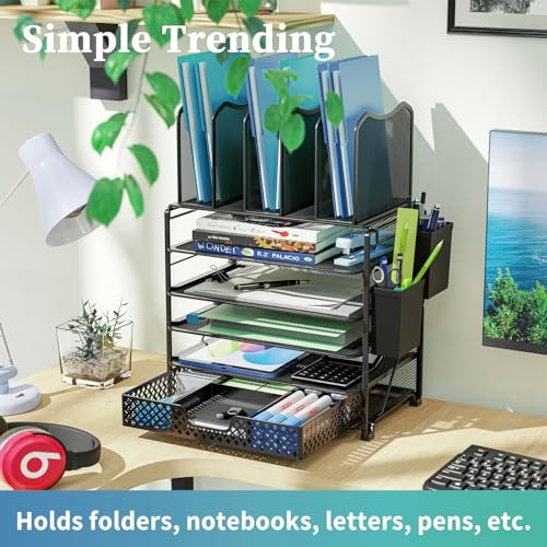 Simple Trending 5 Tier Mesh Desk File Organizer, Paper Letter Tray File Holder with Sliding Drawer Organizer for Office Home, Black - size: 9.25"D x 13.25"W x 19.5"H