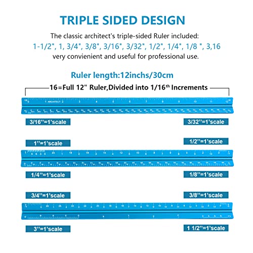 Architectural Scale Ruler, Imperial Measurements 12'', Laser-Etched Aluminum Architect Triangular Ruler for Architects, Students, Draftsman, and Engineers(Blue) - style: Blue-A