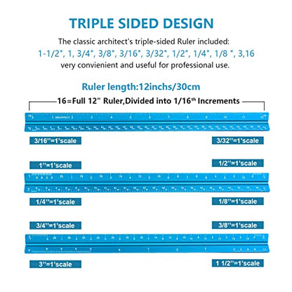 Architectural Scale Ruler, Imperial Measurements 12'', Laser-Etched Aluminum Architect Triangular Ruler for Architects, Students, Draftsman, and Engineers(Blue) - style: Blue-A