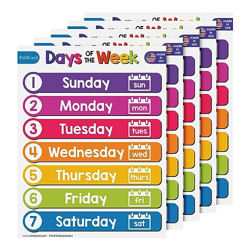 FoldCard Days of the Week Chart Educational Poster 8.5x11 5pk | Glossy cardstock; bright classroom decorations; preschool-grade 1 learning aid for kids & school supplies - color: 7 Days of the Week