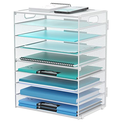 DALTACK 9-Tier Paper Organizer for Desk, Mesh Letter Tray Desk Organizer with Handles, Space-Saving File Organizer for Office Home School, White - color: Desk Organizer White