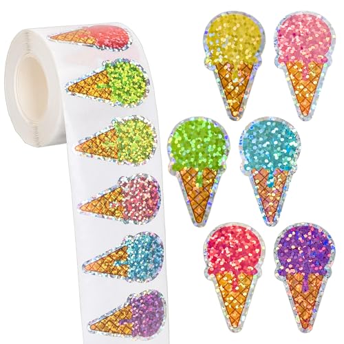 Whaline Summer Ice Cream Stickers Roll Holographic Ice Cream Cone Seal Stickers Colored Waterproof Self-Adhesive Decals for Gift Envelope Bottle Journal Decor Birthday Holiday, 500 Pcs - style: Ice Cream