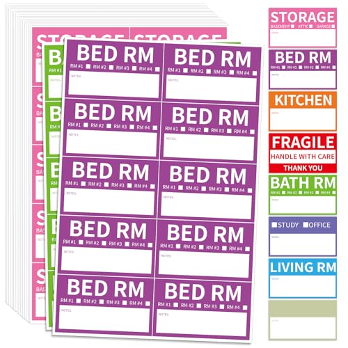 340 Home Moving Labels, 3.4 x 2 inches, 8-Color Coded Packing Box Stickers with Fragile and Blank Customizable Labels