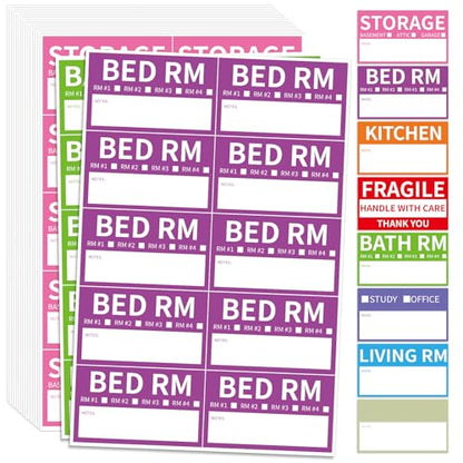 340 Home Moving Labels, 3.4 x 2 inches, 8-Color Coded Packing Box Stickers with Fragile and Blank Customizable Labels