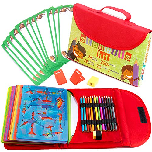 Drawing Stencils for Kids Kit & Carry Case – – Child-Safe, Non-Toxic Stencil Set with 300 Shapes, Colored Pencils, Paper, Etc. – Birthday Gifts & Travel Art Supplies for Creativity, Learning and Fun - color: Red