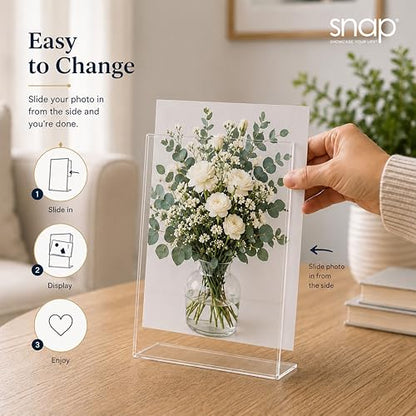 Snap 5x7 Clear Picture Frame 12 Pack: Frameless L-Shape Desktop Stand, Photo Frame and Sign Holder, Clear Acrylic Style Tabletop Display, 5 x 7 - size: 7" x 5"