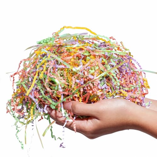 PAPER FAIR Iridescent Easter Grass Crinkle Cut Paper, 5OZ Green Yellow Purple Blush Paper Shred Filler Mix Strand Raffia Tissue Craft Bedding Cushion, Party Birthday Gift Box Basket Retail - color: Iridescent Easter
