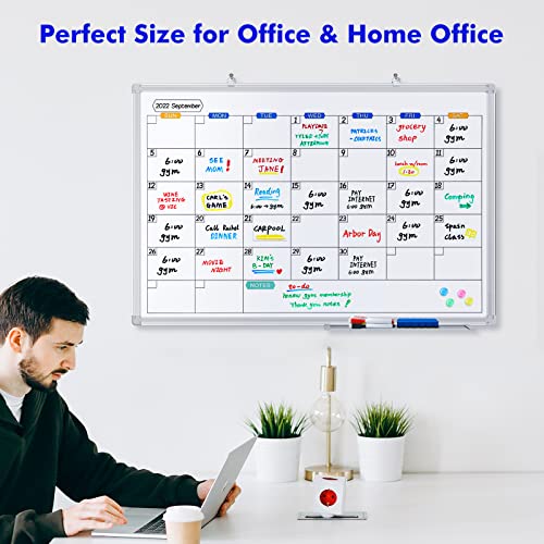 Dry Erase Calendar Whiteboard for Wall, 36" x 24" Magnetic Monthly White Board Calendar Dry Erase, Wall Hanging Aluminum Frame with Tray for Home, School, Office (Silver Frame) - size: 36"W x 24"H
