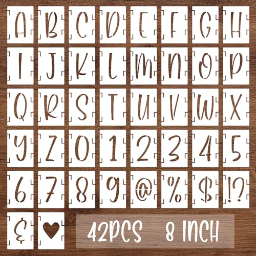 BAMIDELE 8 Inch Alphabet Letter Numbers Stencils, 42 Pcs Reusable Plastic Letters Symbol Interlocking Drawing Template Kit for Painting on Wood, Fabric, Rock, Chalkboard, Door Porch, Wall, Signage - size: 8 Inch