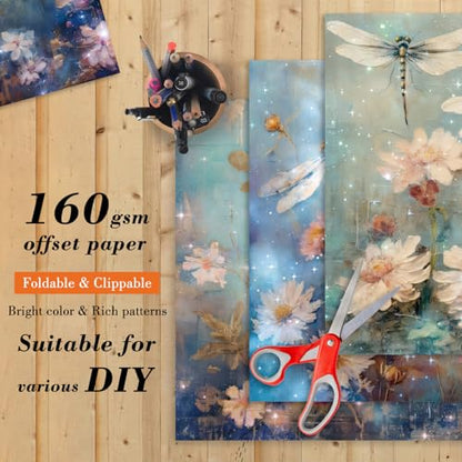 6 x 6 In Dragonfly Scrapbooking Paper Pad, 24 Sheets Floral Pattern Design Cardstock Decorative Decoupage for Photo Album Card Making Folded Supplies Gift Wrapping Junk Journals Crafts