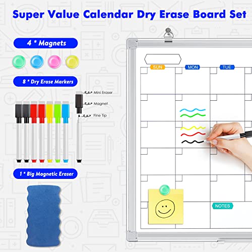 Dry Erase Calendar Whiteboard for Wall, 24" x 18" Magnetic Monthly White Board Calendar Dry Erase, Wall Hanging Aluminum Frame with Tray for Home, School, Office - size: 24" x 18" Silver Frame