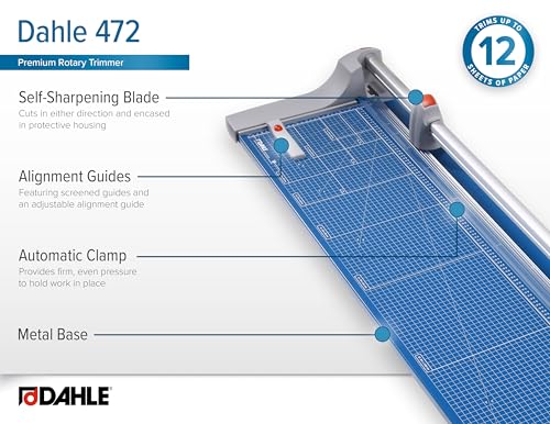 Dahle 472 Premium Rolling Trimmer, 72" Cut Length, 12 Sheet Capacity, Self-Sharpening, Automatic Clamp, German Engineered Paper Cutter - size: 72" Cut Length