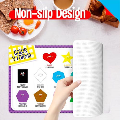 6 Pack Placemats for Kids, Non-Slip Washable Table Mats, Reusable Spanish Alphabet, Number, Shape & Color, Universe, Map Themed Educational Placemats for Home, Kindergarten, Classroom, Nursery - style: Spanish