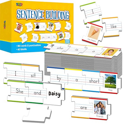 110PCS Sentence Building, Double-Sided Puzzles 180 Sight Words & 20 Blanks for Kids Learning Sentences, Early Reading, Writing & Language Practice-Educational Toy for Kindergarten, Grade 1st, 2nd