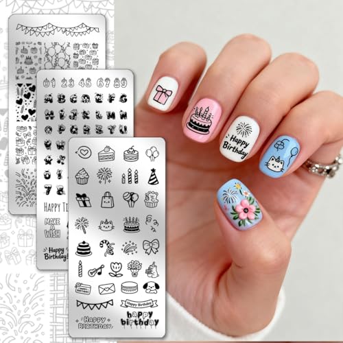 PH PandaHall 3pcs Happy Birthday Nail Stamping Plates Cake Candles Nails Art Templates Balloon Gifts Nails Design Stamp Letters Numbers Nail Image Plates for Women DIY Manicures Salon Supplies - style: Happy Birthday