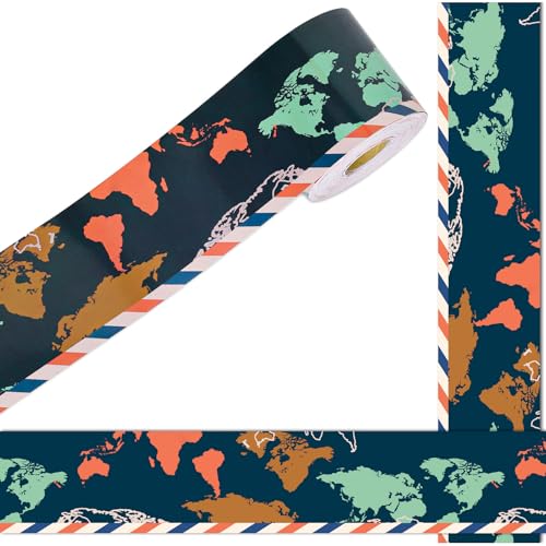 FYSUIMU 65.6 Ft Let's Explore World Map Bulletin Board Borders Travel The Map Straight Die Cut Trim Back to School Border Sticker Roll for Home Classroom Party Wall Decoration - style: Modern