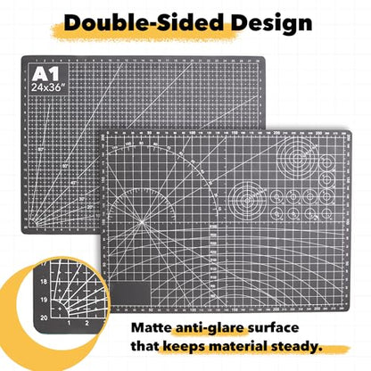 Mandala Crafts Self-Healing Cutting Mat Set – 24" x 36" A1 Black Gray Double-Sided 5-Ply Mat with Fabric Cutter, Quilt Ruler & Craft Knife for Sewing, Quilting, Leather & Scrapbooking - color: Black Combo, size: 24 x 36 Inches Mat Combo