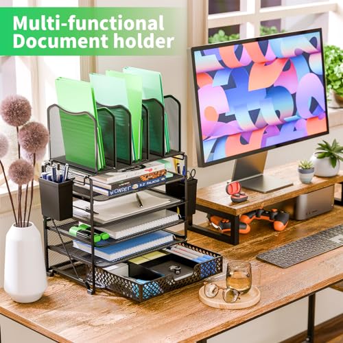 Simple Trending 5 Tier Mesh Desk File Organizer, Paper Letter Tray File Holder with Sliding Drawer Organizer for Office Home, Black - size: 9.25"D x 13.25"W x 19.5"H