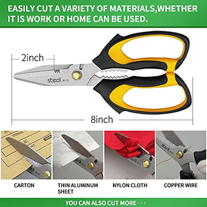 Stedi Scissors Heavy Duty 8-Inch,Multipurpose Scissors,Sharp Stainless Steel Shears with Serrated Edge & Protective Cover,Non-Slip Handle,Easy Cutting Cardboard, Carpet,Leather, Fabric, Wires, Yellow - style: JD-12(Straight-Blades)