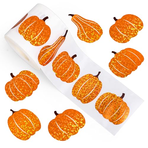 Whaline Fall Thanksgiving Pumpkin Stickers Roll Holographic Assorted Orange Pumpkin Seal Stickers Waterproof Self-Adhesive Decals for Envelope Scrapbook Autumn Party Supplies, 500 Pcs - style: Pumpkin 2