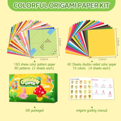 IOOLEEM Origami Paper Kit, 200 Sheets with 80 Patterns, Double Sided Colored Blank Folding Paper Set with Step-by-Step Instructions, Art & Craft Supplies