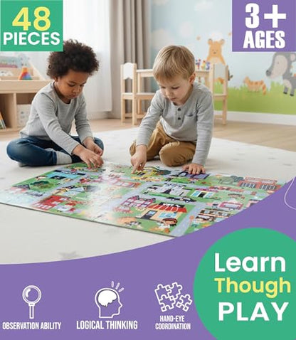 Floor Puzzles for Kids Ages 3-5 4-6 Educational 48 Piece City Jobs Theme with 2 Giant Coloring Posters Preschool Learning Toy Boosts Focus Creativity Screen Free Play Family Time Fun - style: JOBS IN THE CITY