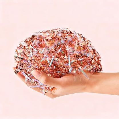 PAPER FAIR Metallic Iridescent Rose Gold Crinkle Cut Paper Shredded Filler, 5OZ Rosy Pink Gold Grass Raffia Tissue, Strands Shred Craft Bedding Cushion Paper, for Christmas Wedding Mothers Day Bridesmaid Engagement Gift Boxes Bags Retail Decoration - colo