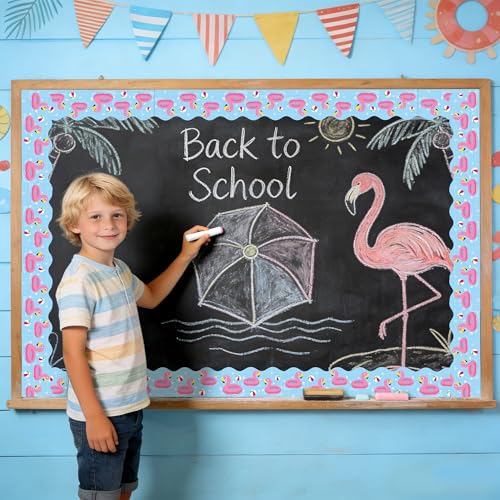 BeYumi Summer Flamingo Border Trim - 65ft Back to School Pool Rolled Border | Tropical Flamingo Beach Swimming Pool Bulletin Board Set School Classroom Office Chalkboard Home Party Holiday Decoration - style: Summer Flamingos