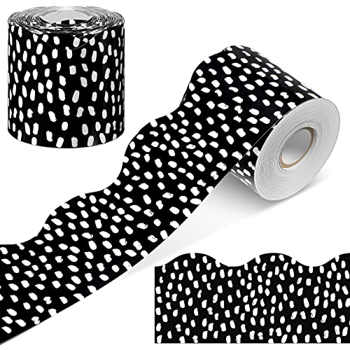 Zonon 65 Feet Bulletin Board Borders Black and White Polka Dots Striped Grid Borders Decorative Straight Scalloped Wavy Rolled Trim Classroom Back to School Decor(Wavy White Dot) - style: Wavy White Dot