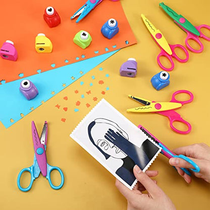 Gueevin 22 Pcs Craft Scissors Decorative Edge and Hole Punch Shapes Craft Set, Including 12 Paper Edge Scissors, 10 Pattern Paper Punch for DIY Art, Kids Adults, Card Making, School Supplies